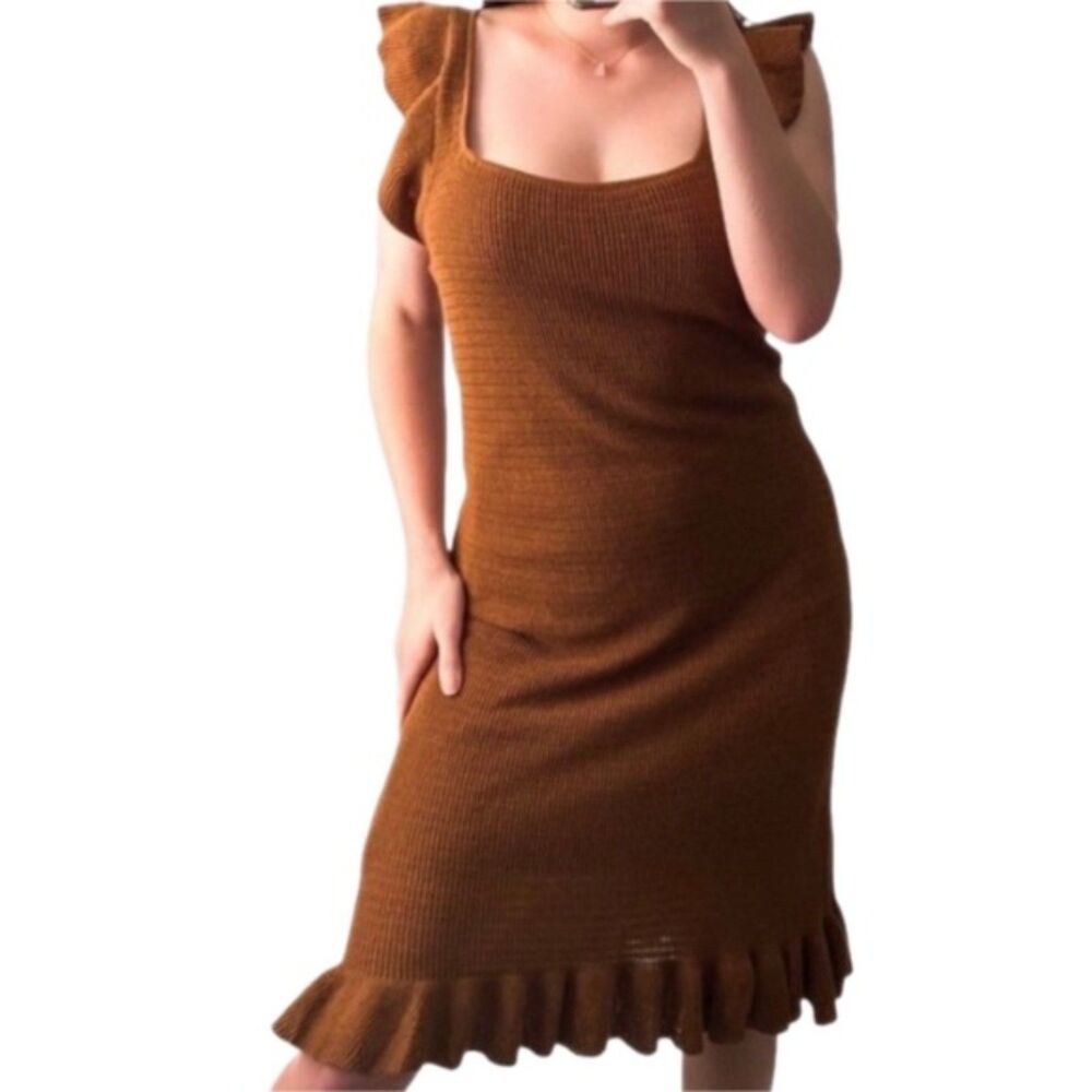 House of Harlow Knit Sweater Tank Dress Womens L Brown Square Neck Ruffle Hem